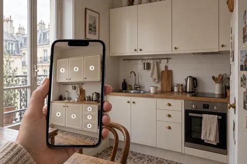 Smartphone photographiant les portes d’une cuisine claire
