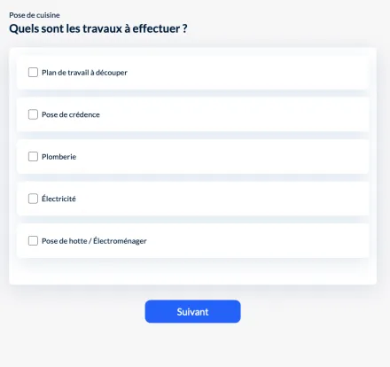 NeedHelp, écran 1 : choisir les travaux de pose de cuisine