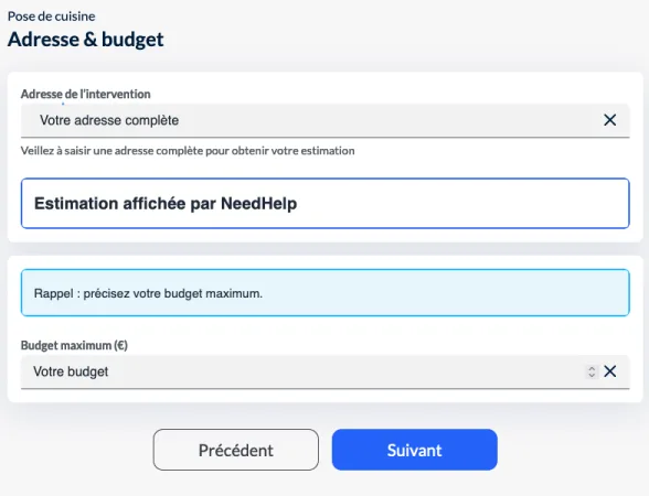 NeedHelp, écran 4 : préciser l’adresse de l’intervention et le budget