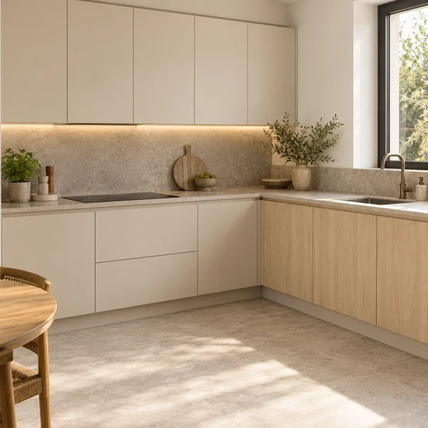 Cuisine beige cachemire et chêne crème, façades assorties et retour de meubles