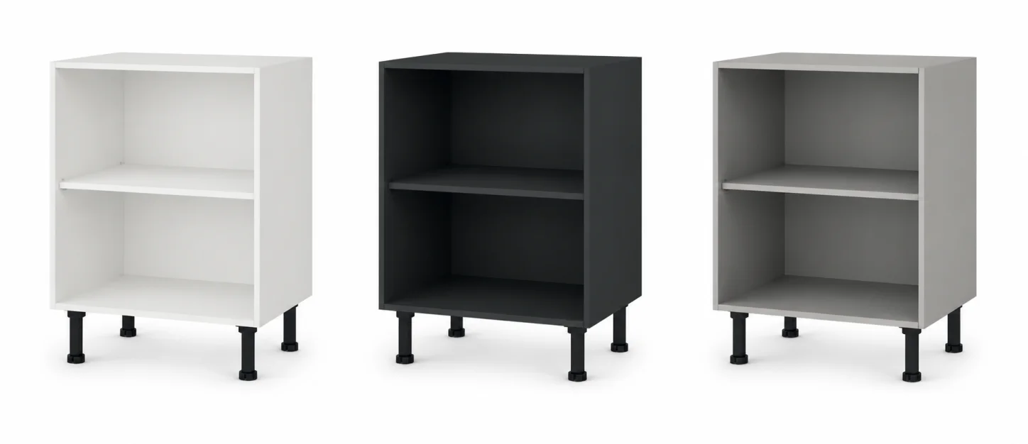 Trois caissons ouverts en blanc, gris plomo et gris aluminium