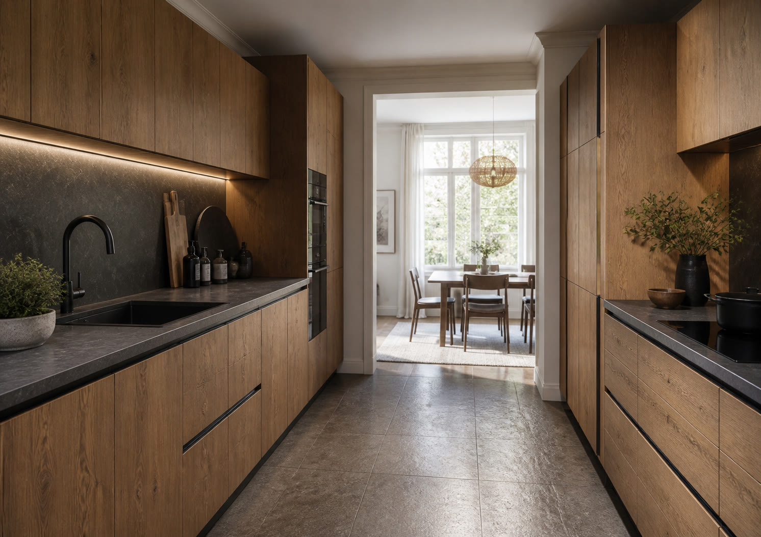 Cuisine en bois avec façades de différentes hauteurs