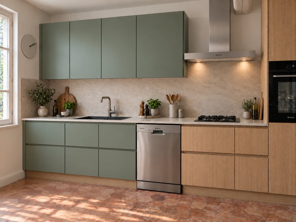 Cuisine rénovée avec façades vert sauge et décor bois