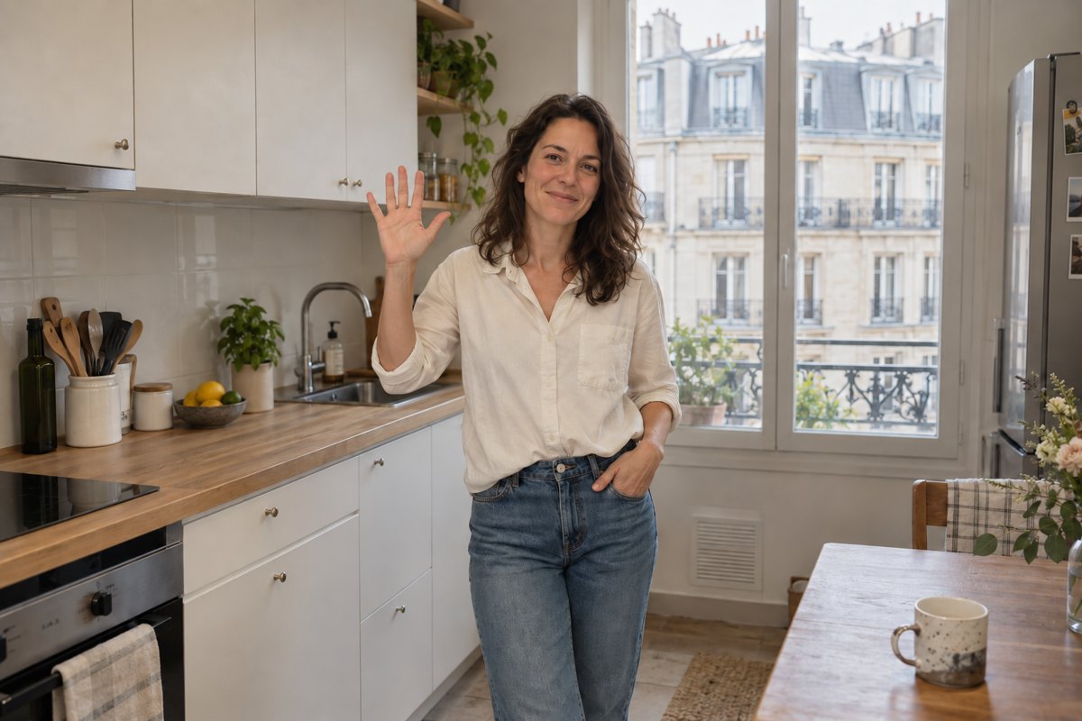 Une femme souriante dans une cuisine parisienne, une main dans la poche de son jean et l’autre levée avec cinq doigts ouverts