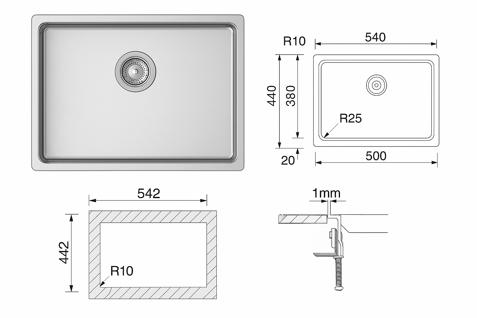 Évier inox encastrable 1 bac rectangulaire – 540 x 440 mm – Image 2