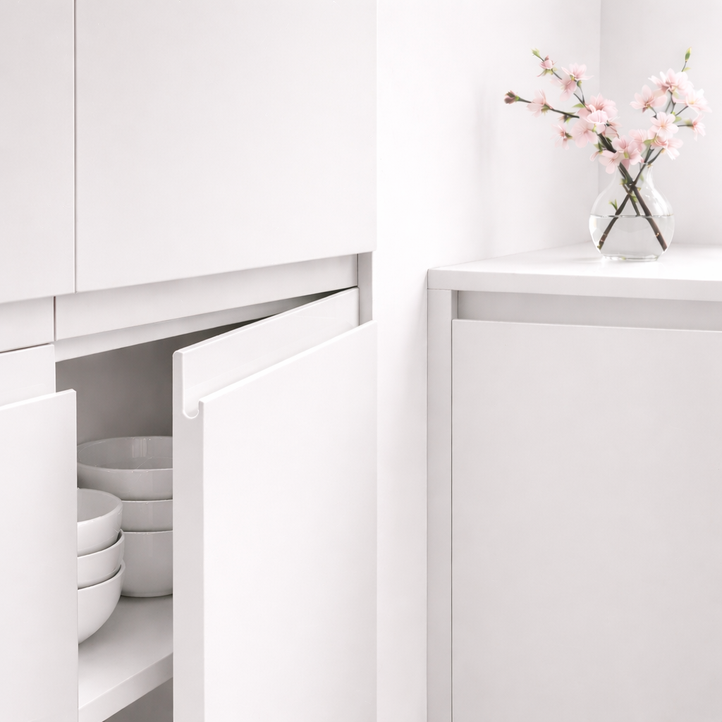 Facades de cuisine blanches Mattdeco a prise de main integree