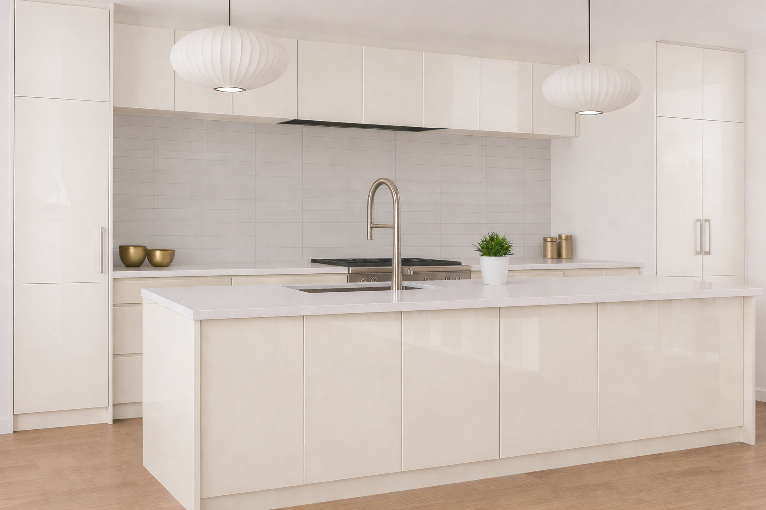 Cuisine en façades Magnolia brillantes, finition Luxe