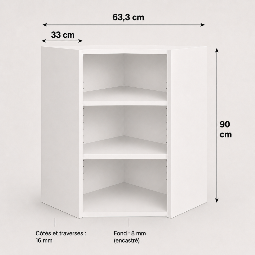 Meuble haut angle à pan coupé blanc 900 × 630 × 330 mm