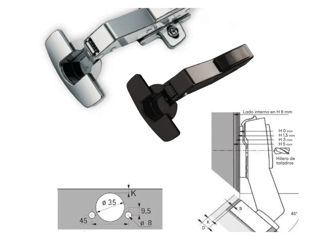 Schéma technique officiel de la charnière Sensys 45°