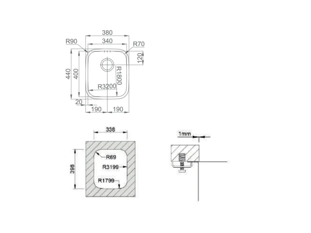 Croquis coté officiel de évier brasilia poli