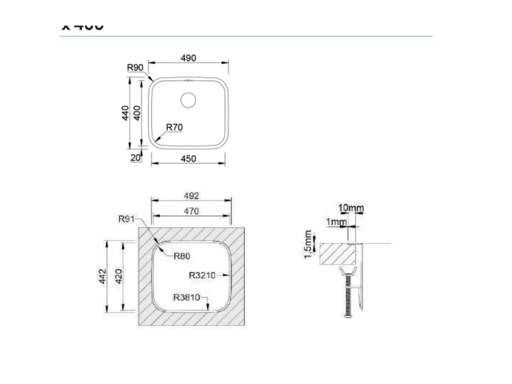 Croquis coté officiel de évier laguna intérieur poli