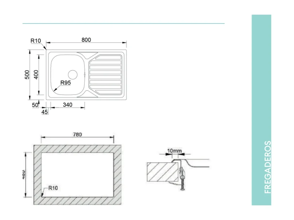Croquis coté officiel de évier okio line 80 flat poli · cuve et égouttoir