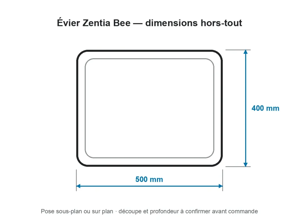 Schéma des dimensions hors-tout de évier zentia bee en résine · blanc