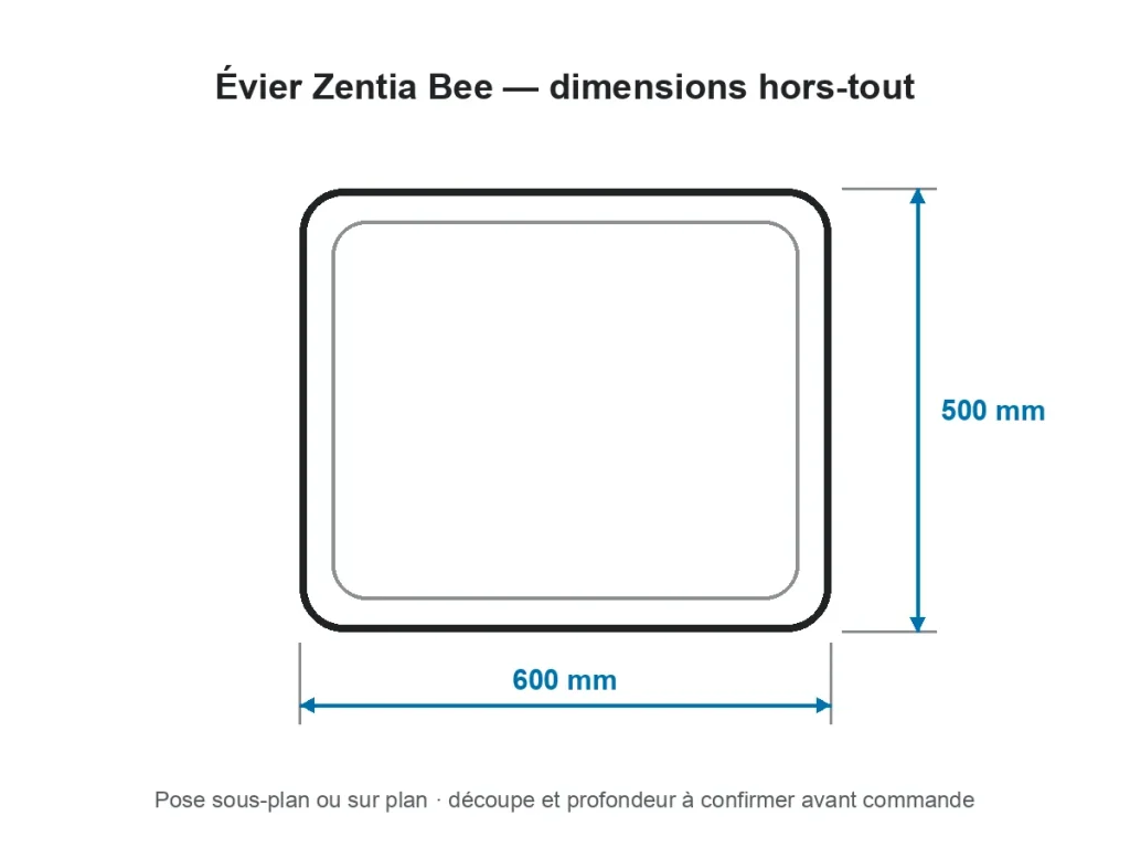 Schéma des dimensions hors-tout de évier zentia bee en résine · blanc