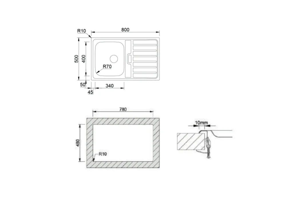 Croquis coté officiel de évier urban 80 flat poli · cuve et égouttoir