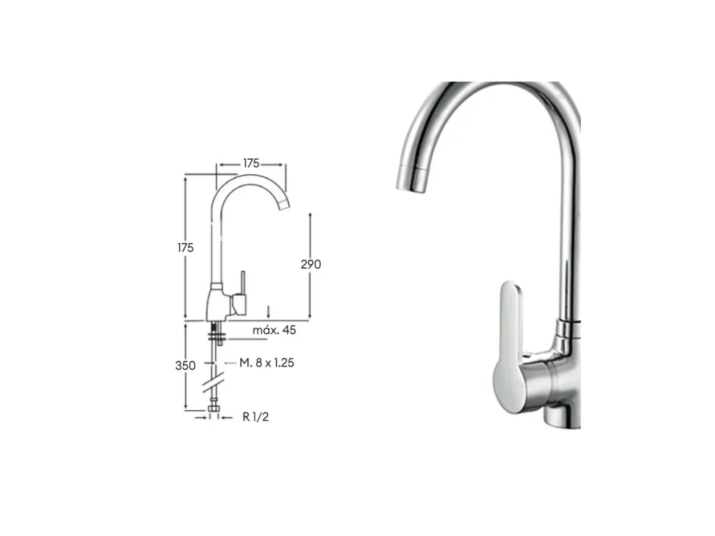 Croquis coté officiel de robinet de cuisine carrera