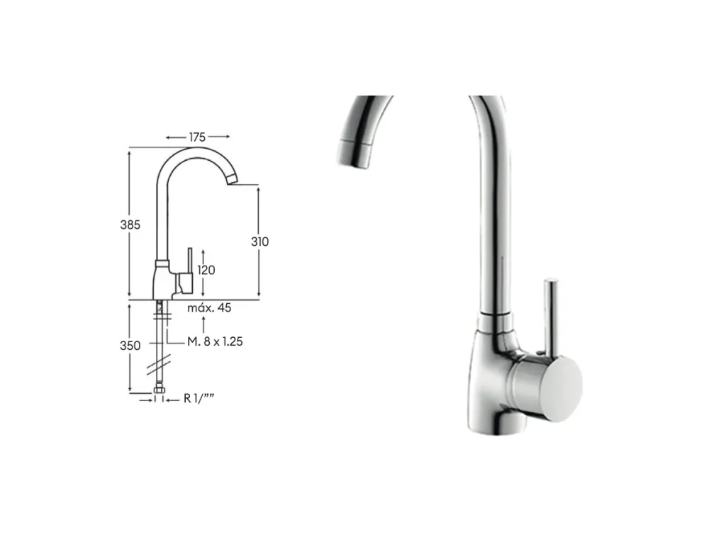 Croquis coté officiel de robinet de cuisine márquez
