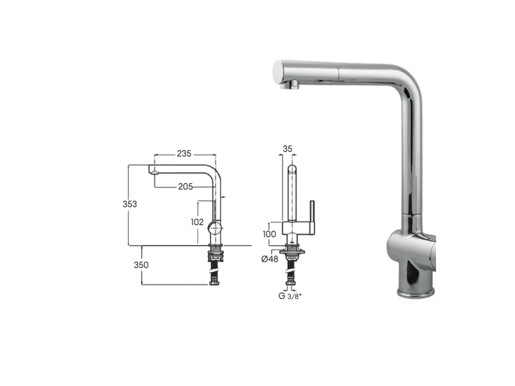 Croquis coté officiel de robinet de cuisine zeus