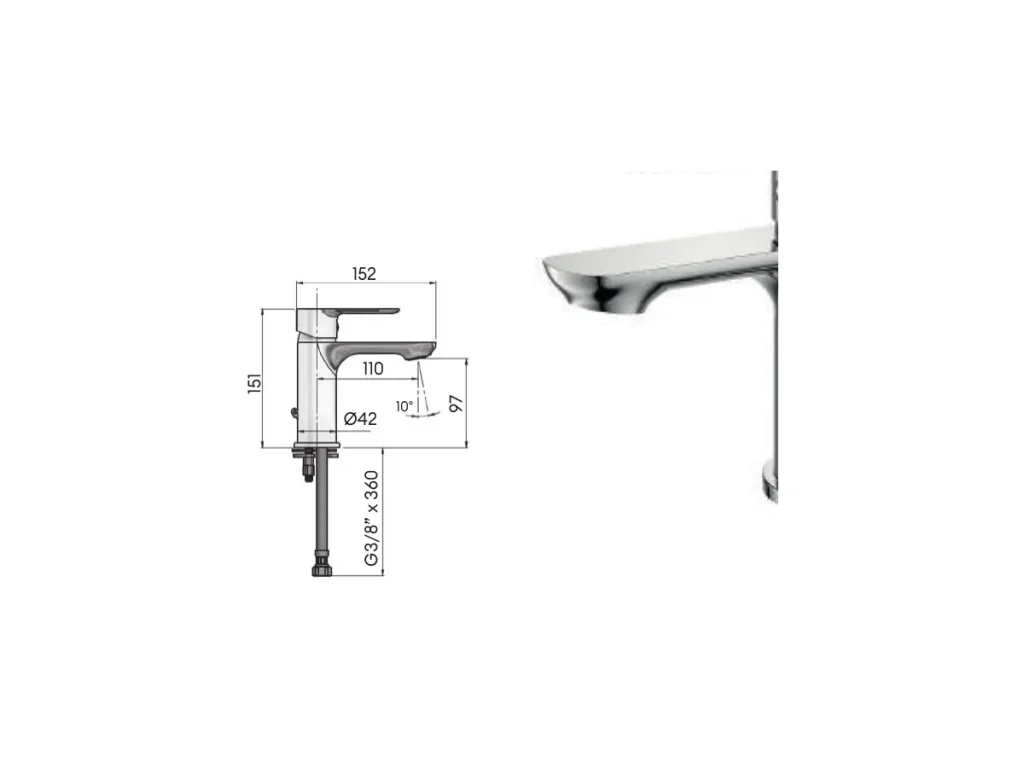 Croquis coté officiel de robinet de lavabo vent