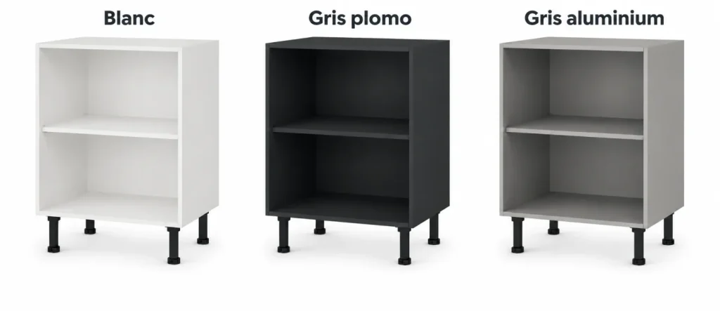 Trois caissons de cuisine ouverts en blanc, gris plomo et gris aluminium