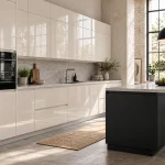 Suggestion d’ambiance avec la porte de cuisine à poignée intégrée beige cachemire brillante