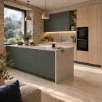 Suggestion d’ambiance avec la porte de cuisine verte sauge supermate