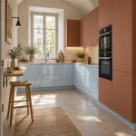 Suggestion d’ambiance avec la porte de cuisine bleue glacier brillante