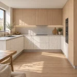 Suggestion d’ambiance avec la porte de cuisine effet noyer clair, grain linéaire
