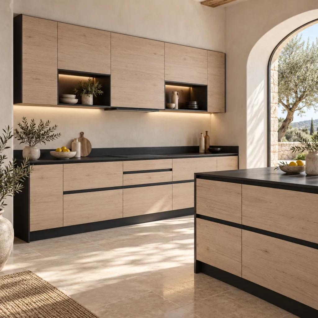 Cuisine méditerranéenne chic, façades chêne clair à prises intégrées noires.