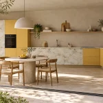 Suggestion d’ambiance avec la porte de cuisine effet marbre ivoire supermate