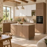Suggestion d’ambiance avec la porte de cuisine bois blanc effet bois cadre alu