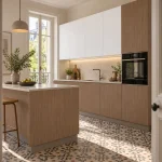 Suggestion d’ambiance avec la porte de cuisine blanche polaire effet bois