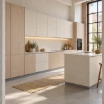 Suggestion d’ambiance avec la porte de cuisine effet porcelaine crème Kintsugi