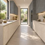 Suggestion d’ambiance avec la porte de cuisine effet pierre beige texturée Stratos