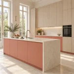 Suggestion d’ambiance avec la porte de cuisine corail supermate