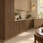Suggestion d’ambiance avec la porte de cuisine beige fauve supermate