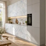 Suggestion d’ambiance avec la porte de cuisine blanc perle veiné supermate