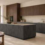 Suggestion d’ambiance avec la porte de cuisine bois foncé effet bois