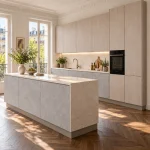 Suggestion d’ambiance avec la porte de cuisine effet béton gris clair