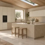 Suggestion d’ambiance avec la porte de cuisine effet pierre beige texturée
