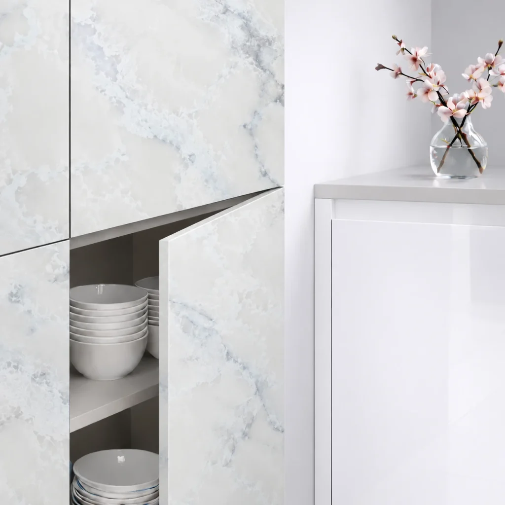 Porte de cuisine Nuvola 03 SM Zénit supermate, décor blanc perle veiné de gris bleuté.