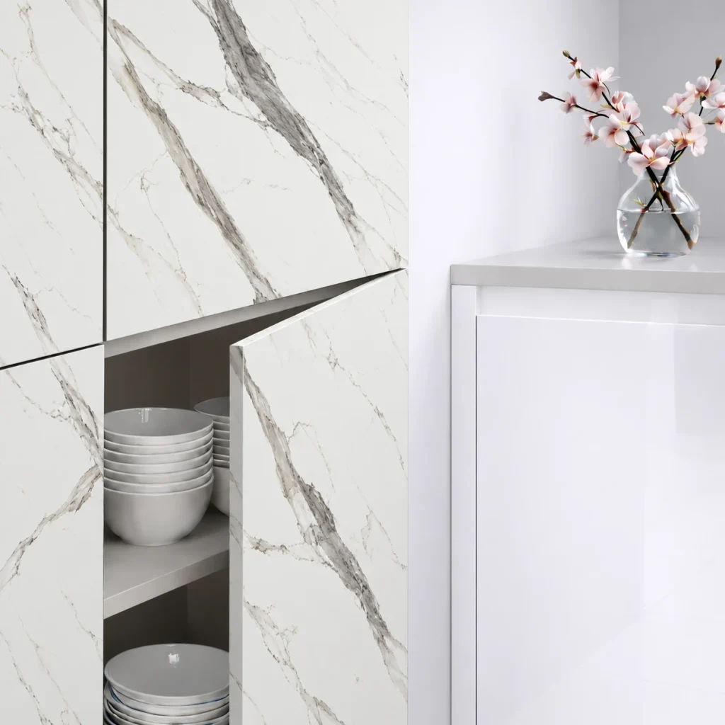 Porte de cuisine Mármol Versilia SM Zénit supermate, décor marbre blanc à veines grises.