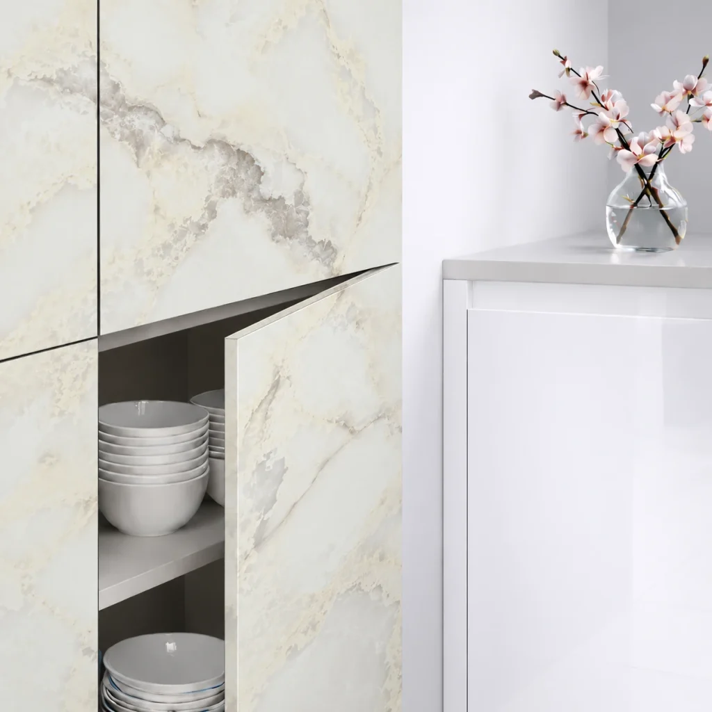 Façades de cuisine Nuvola 04 SM Zénit, décor marbré ivoire mat à veinage gris taupe espacé.