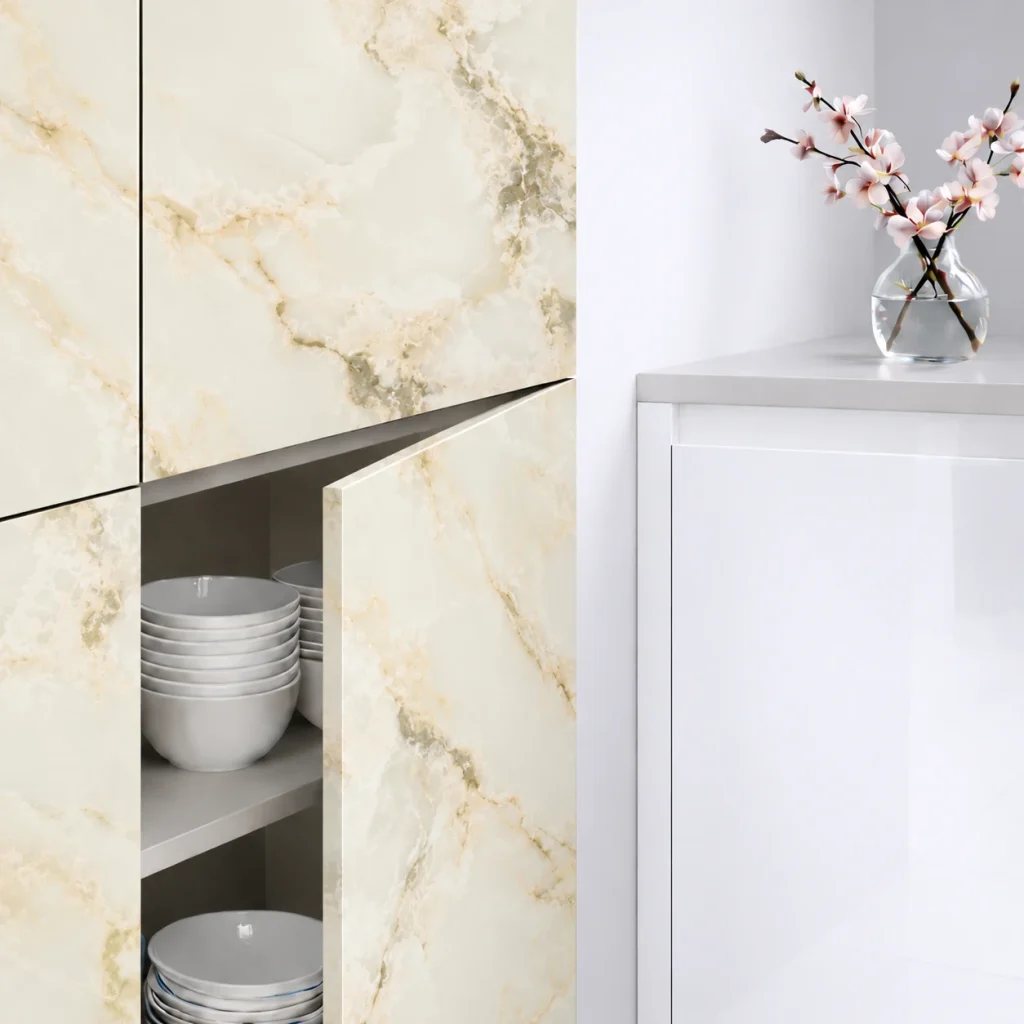 Porte de cuisine Nuvola 01 SM Zénit supermate, décor ivoire nuagé aux nuances beige et ocre.