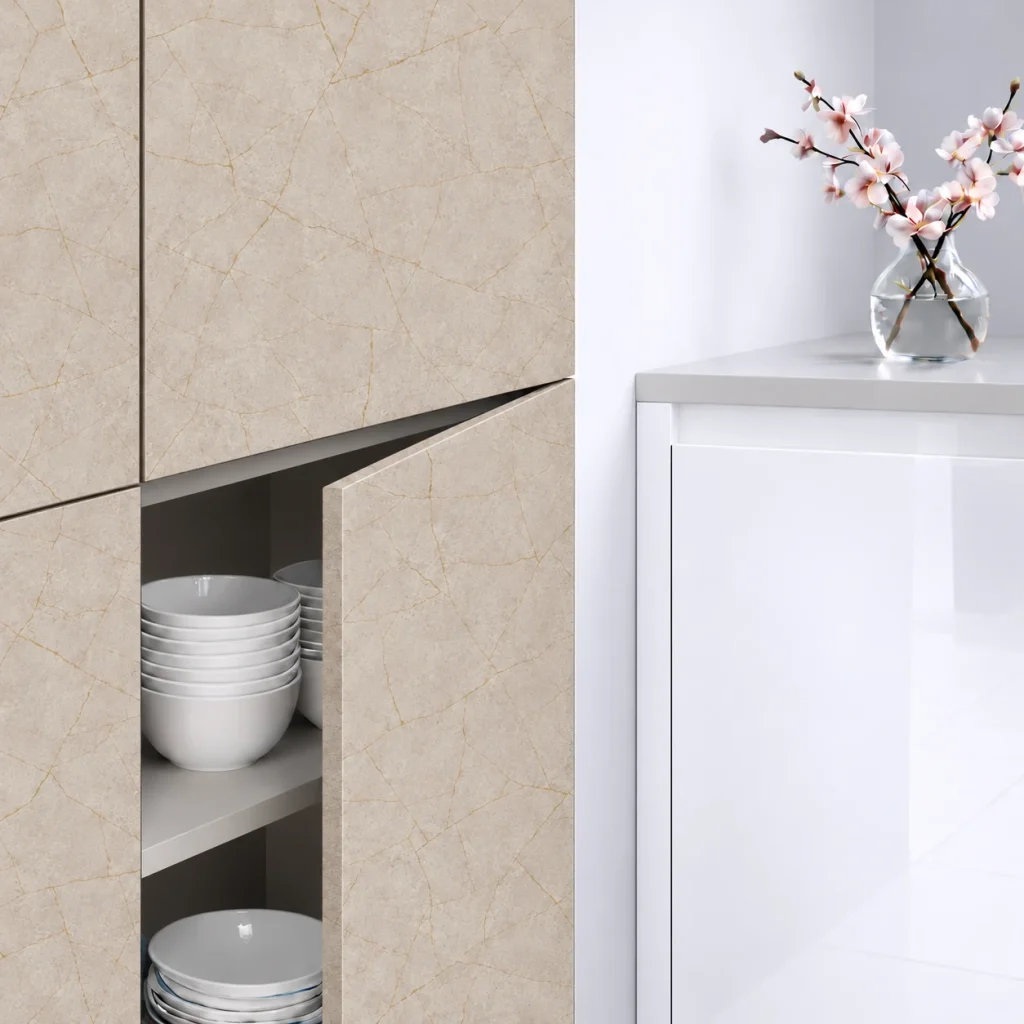 Porte de cuisine effet porcelaine crème Kintsugi sur mesure : décor PORCELAIN 01 GOLD JA.