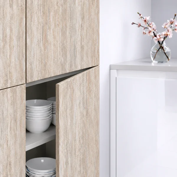 Porte de cuisine effet travertin crème et terre sur mesure : décor TREVI 02 AR.