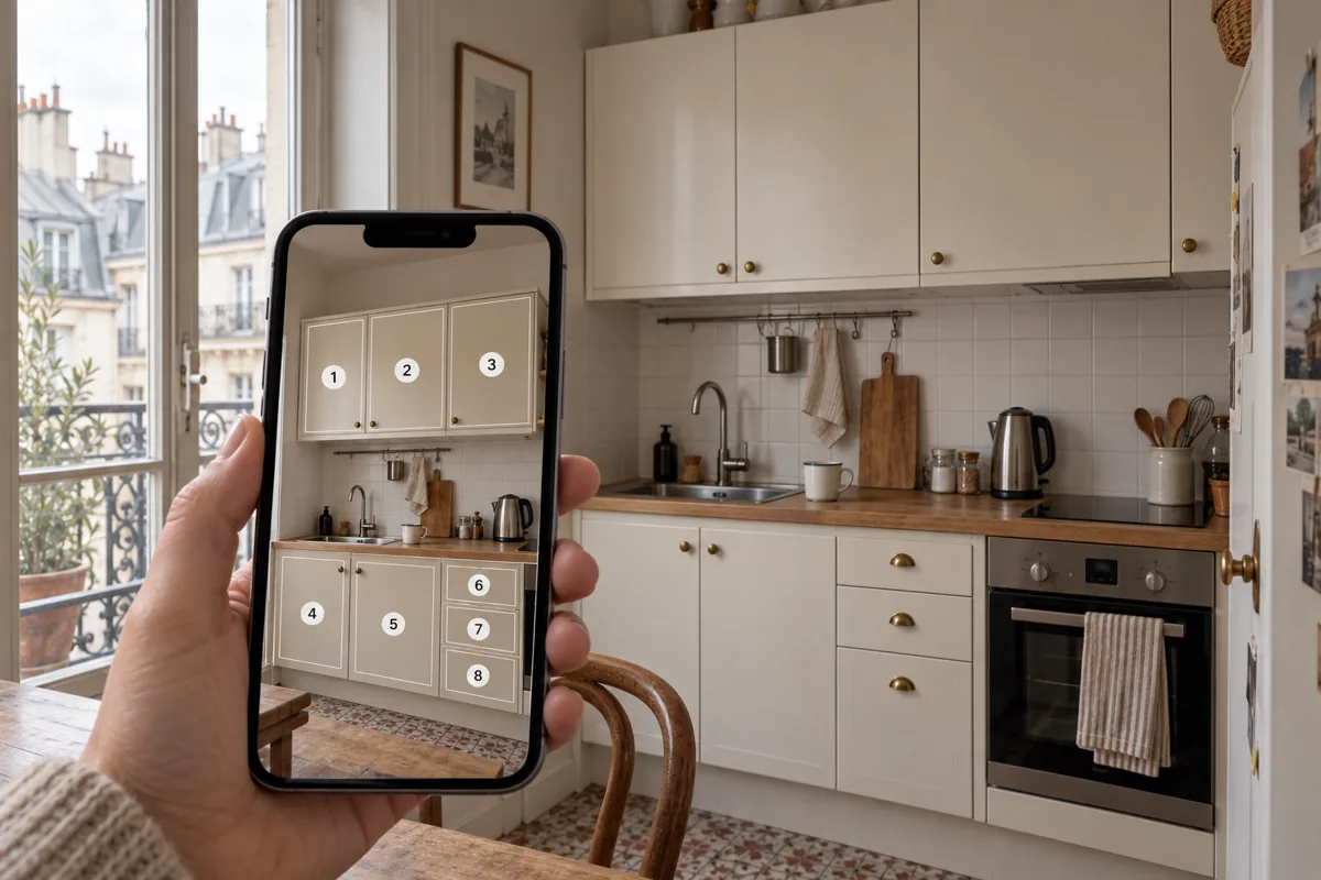 Un smartphone repère les façades à remplacer dans une cuisine parisienne